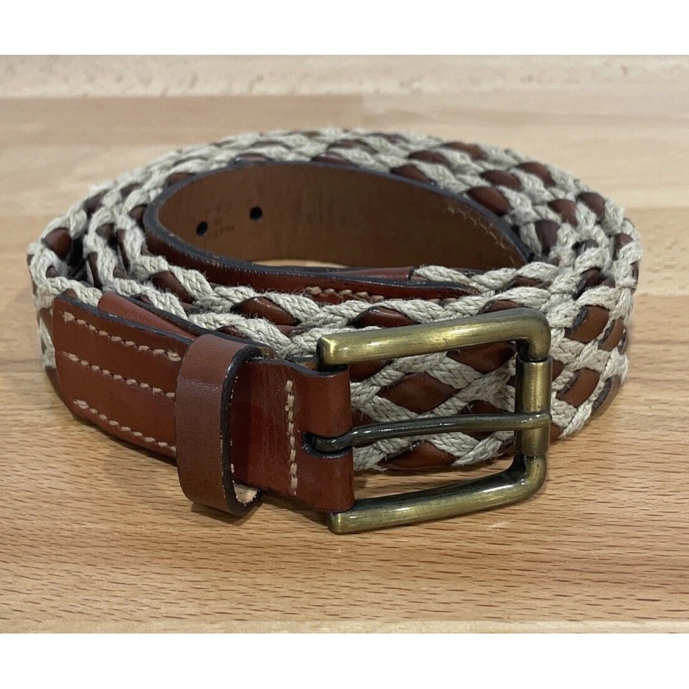 Trafalgar Mens Woven Belt 44 Brown Leather Jute Rope Casual Brass Buckle USA